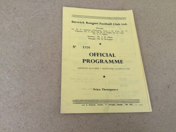 Berwick Rangers v Hamilton Academicals Match Day Programme 1959