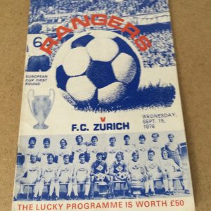 Rangers v F.C. Zurich European Cup Matchday Programme 1976