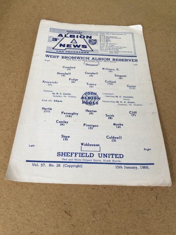 West Bromwich Albion v Sheffield United Reserves Match Day Programme 1966