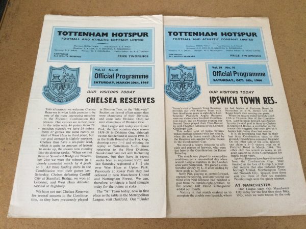 Tottenham Hotspur v Chelsea & Ipswich Town Reserves Match Day Programmes 1965 & 1966