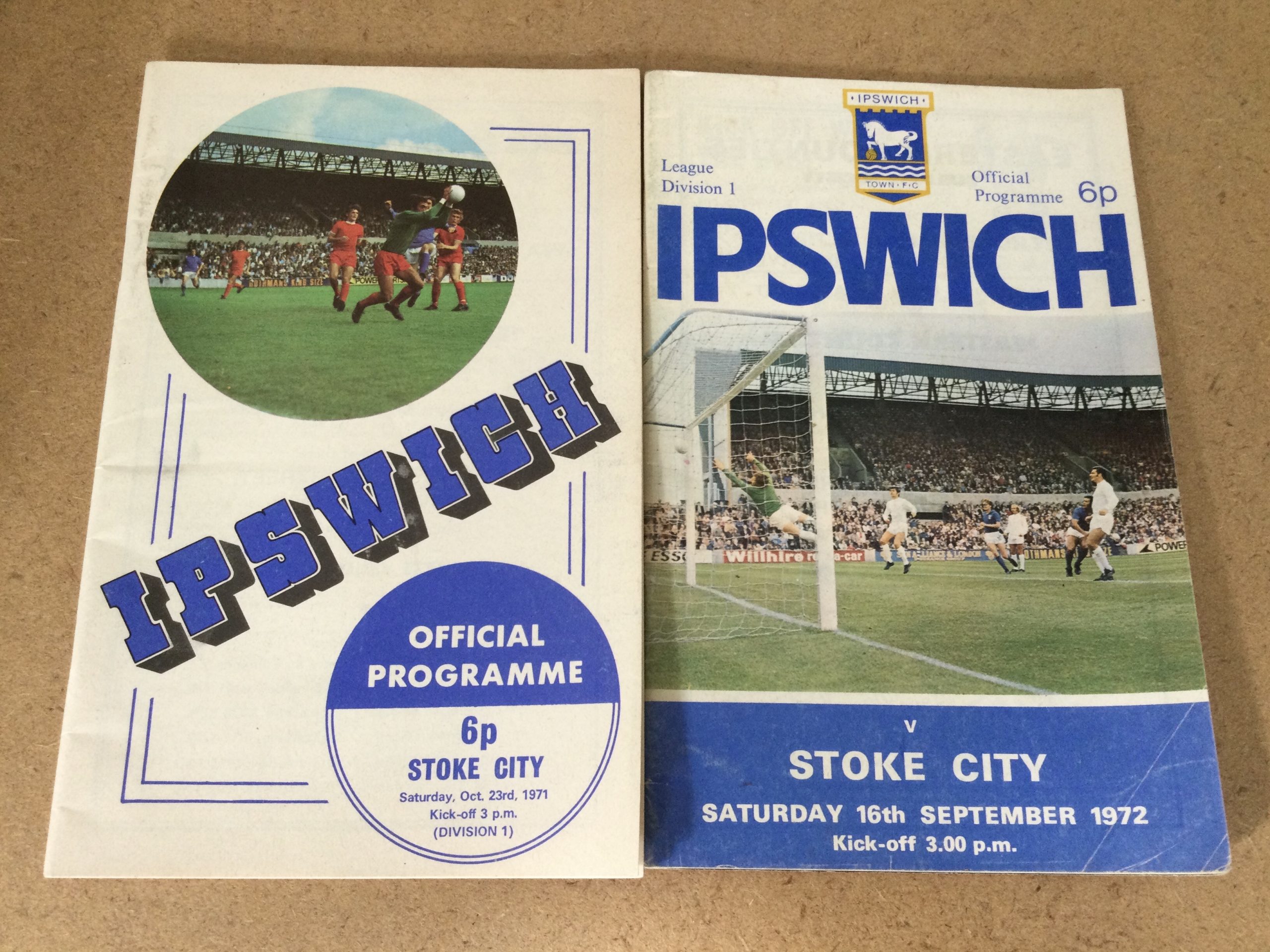Ipswich Town v Stoke City Match Day Programmes 1971 & 1972