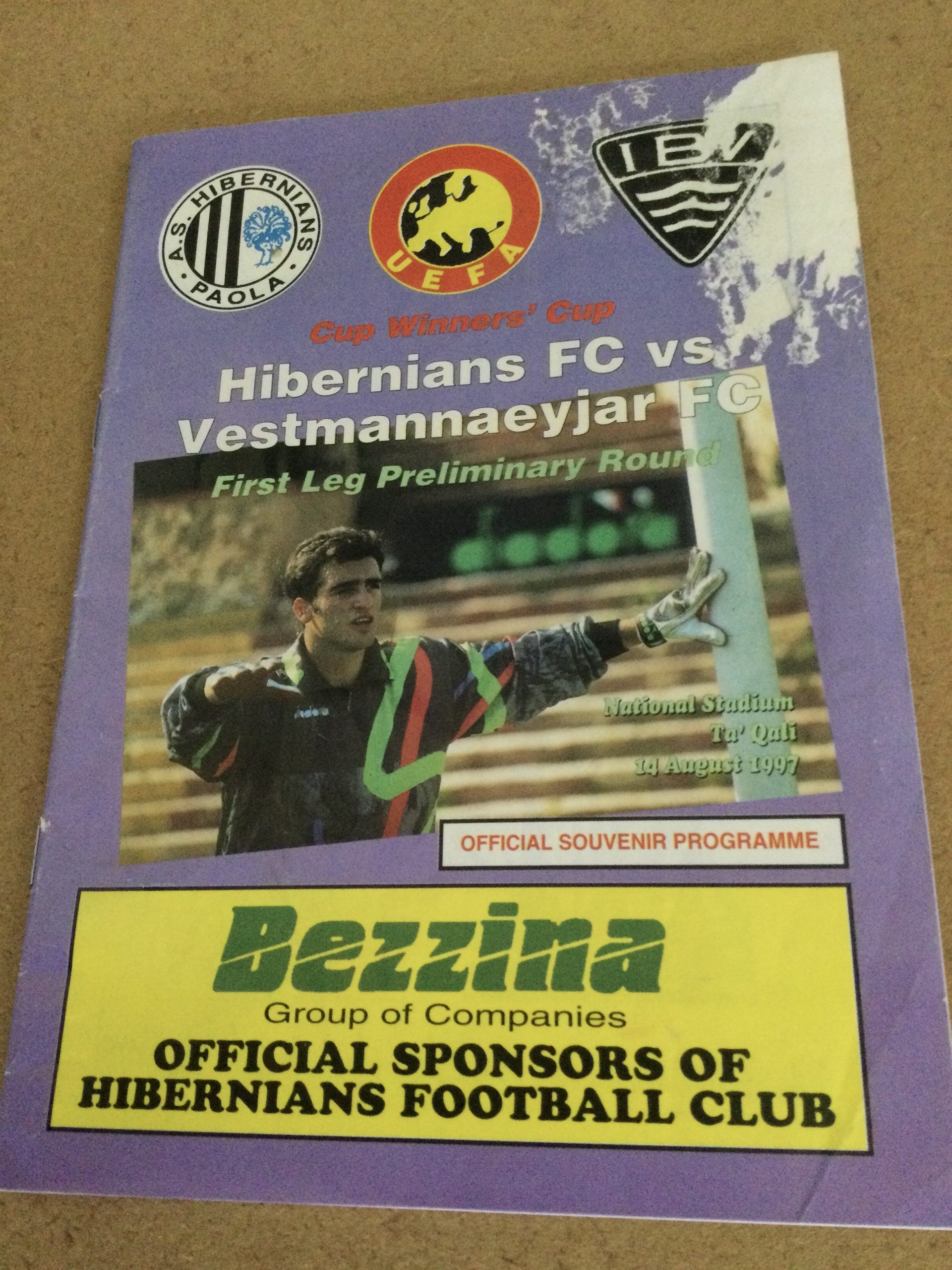 Hibernians FC (Malta) v Vestmannaeyjar FC (Iceland) E.C.W.C. Matchday Programme c/w Match Ticket 1997