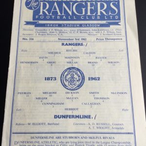 Rangers v Dunfermline Athletic Match Day Programme 1962