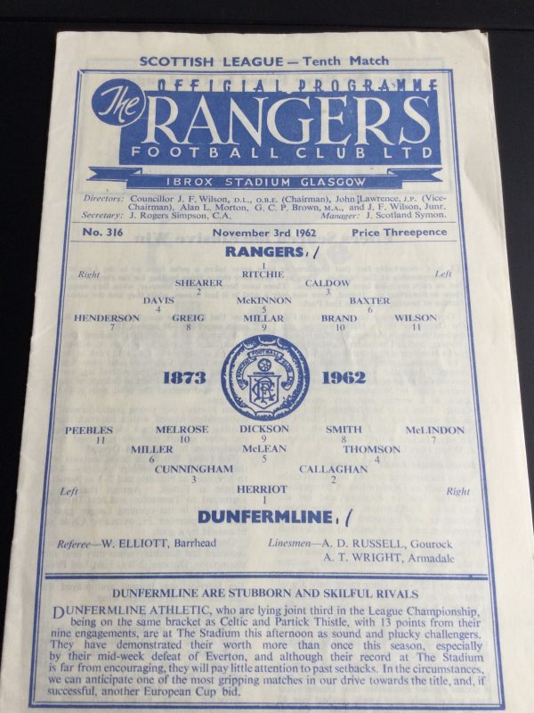 Rangers v Dunfermline Athletic Match Day Programme 1962