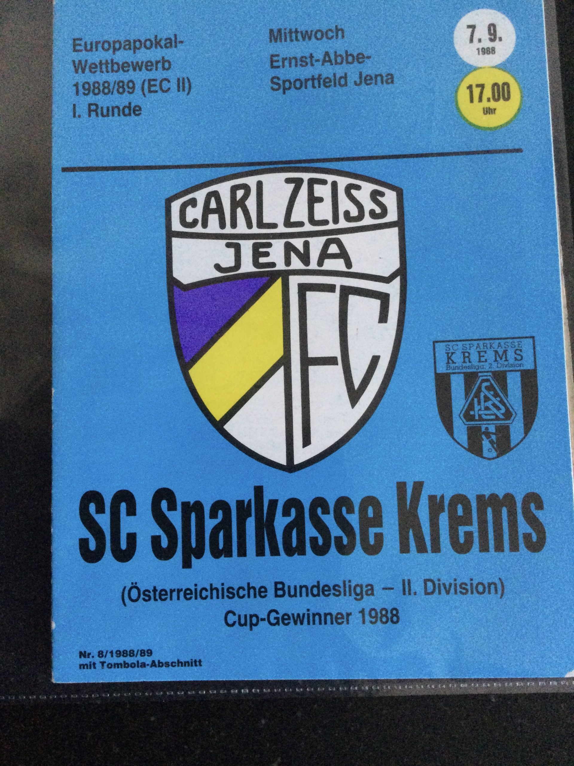 Carl Zeiss Jena v Sparkasse Krems E.C.W.C. Match Day Programme 1988