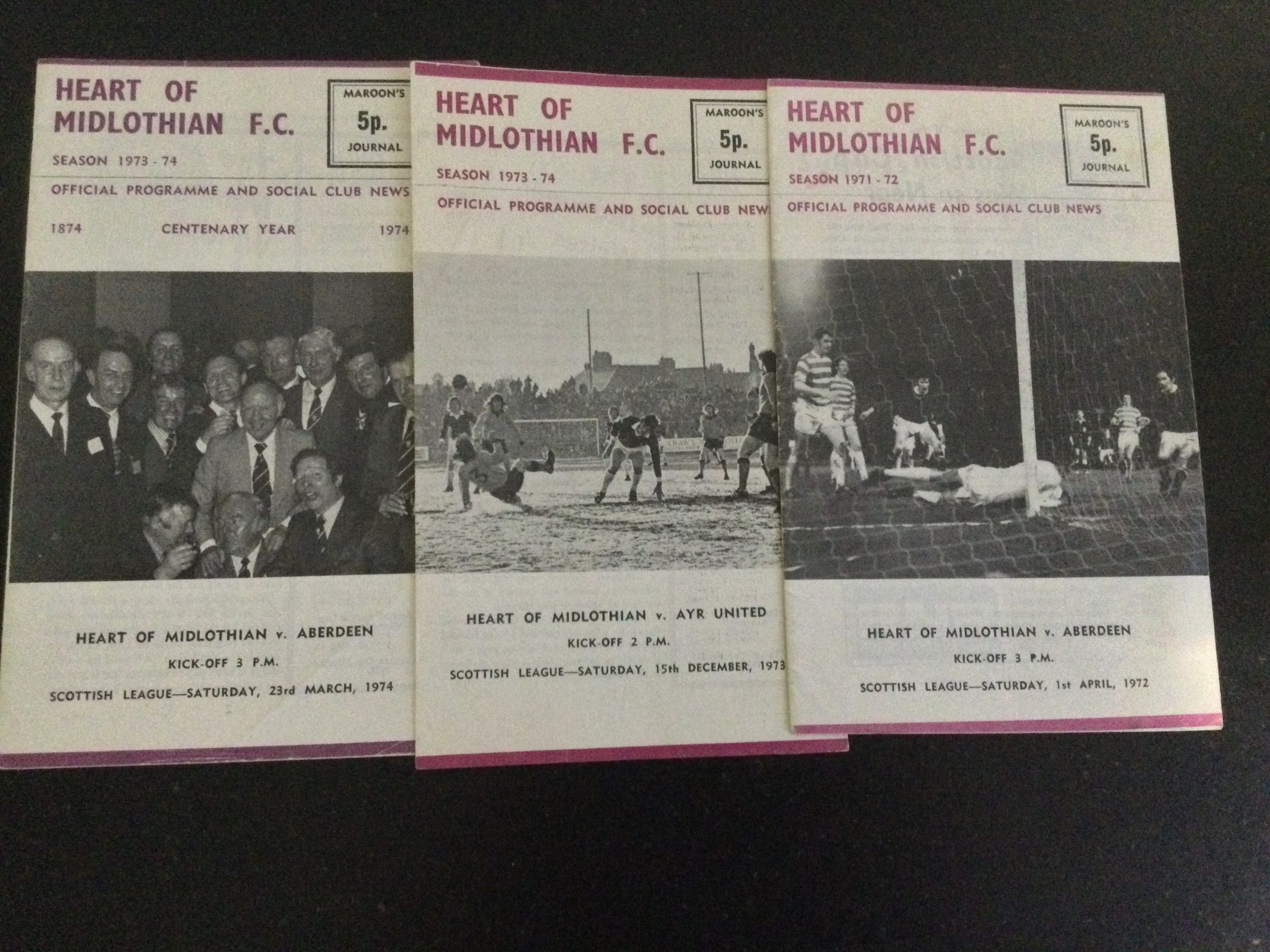 Heart of Midlothian v Aberdeen & Ayr United Matchday Programmes 1972, 73 & 74
