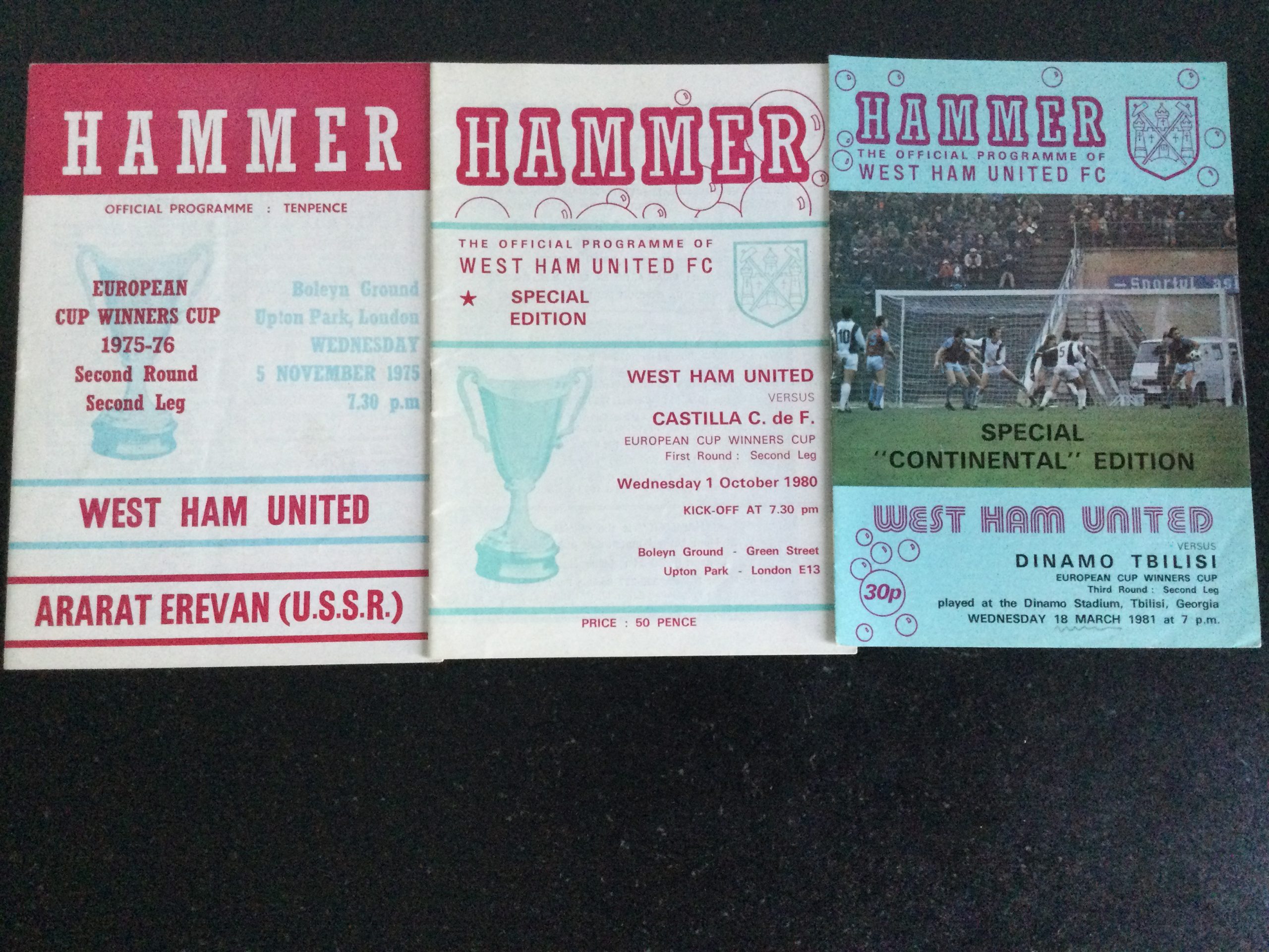 West Ham United v Ararat, Castilla & Dinamo Tbilisi European Match Day Programmes 1975, 80 & 81