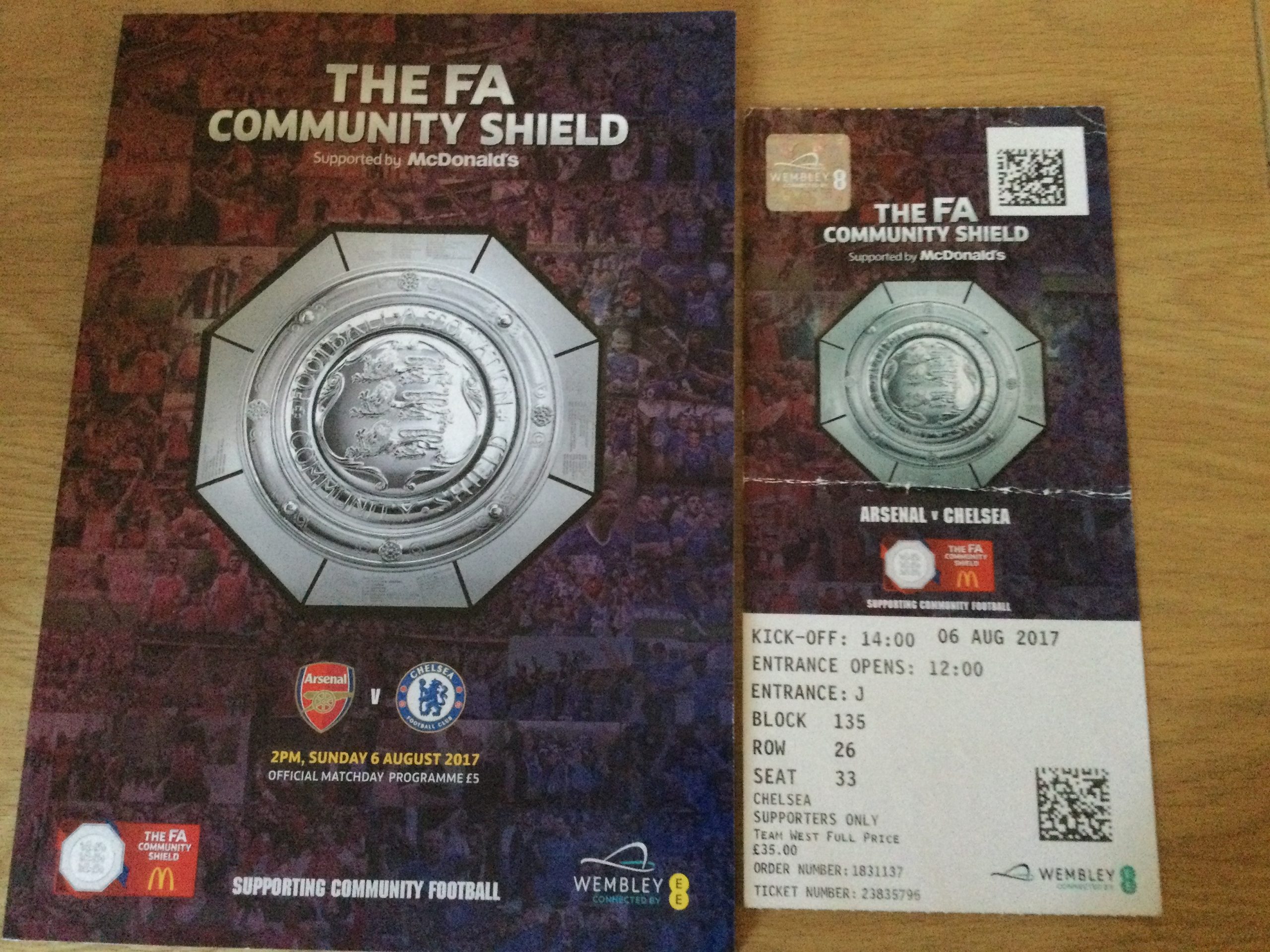 Arsenal v Chelsea Community Shield Match Day Programme c/w Ticket 2017