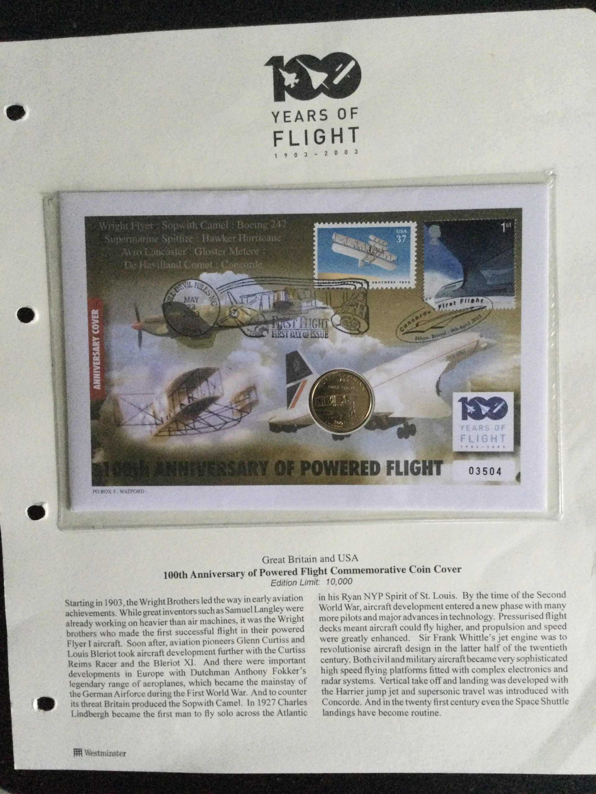 100th Anniversary Of Powered Flight Commemorative Coin Cover 2003