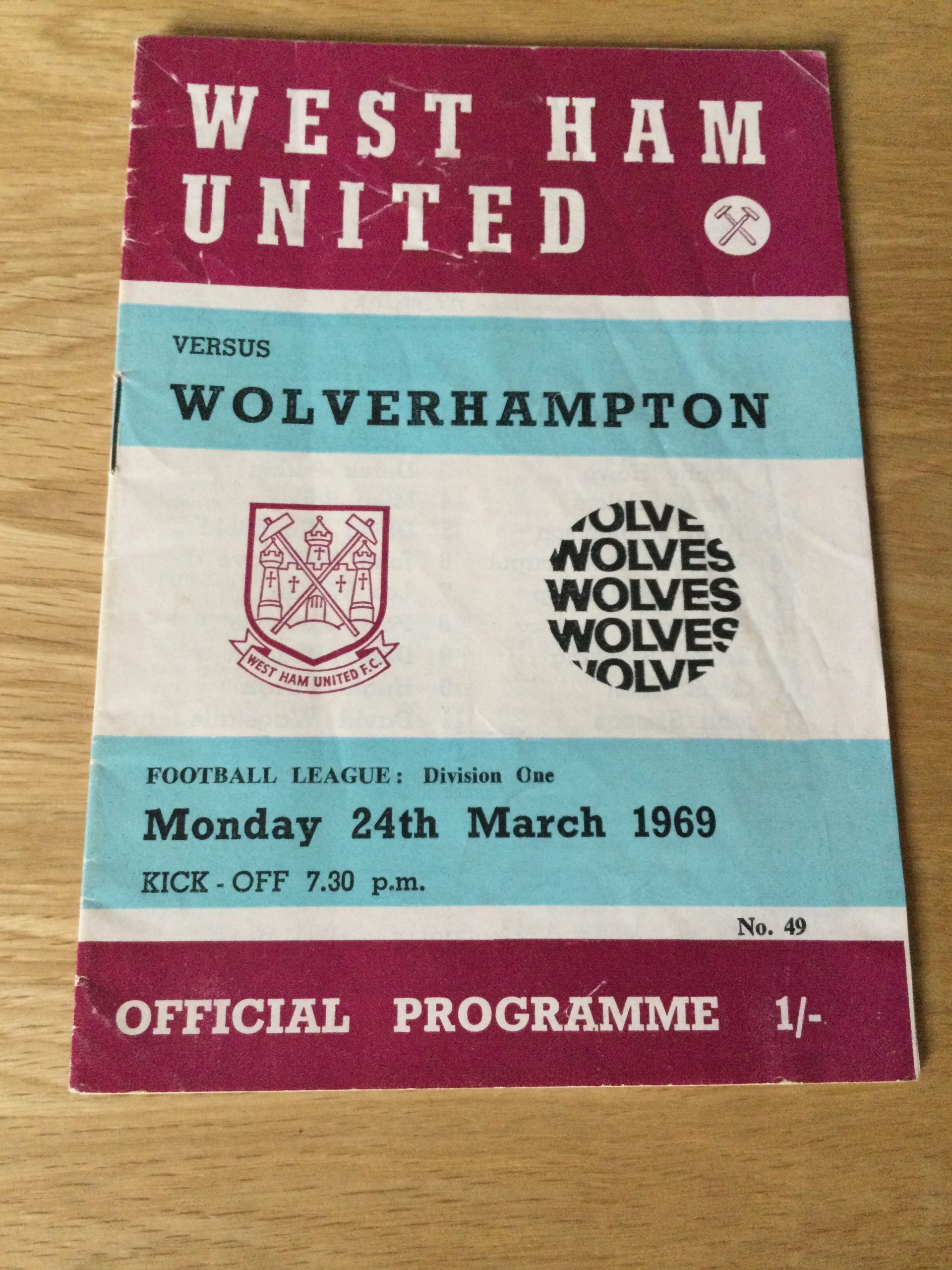 West Ham United v Wolverhampton Wanderers League Matchday Programme 1969 & 1974