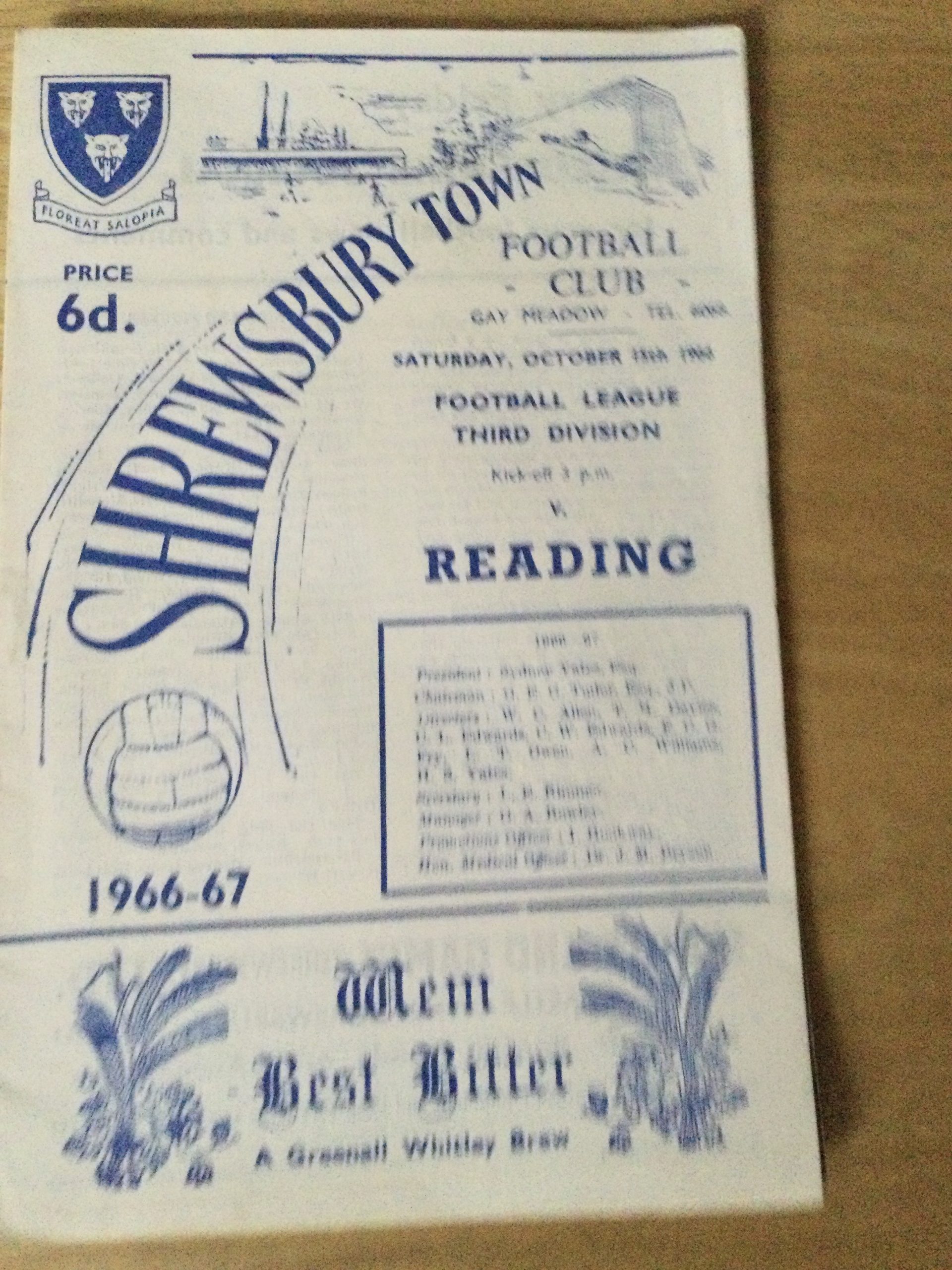 Shrewsbury Town v Reading & Barrow League Matchday Programmes 1966 & 1969