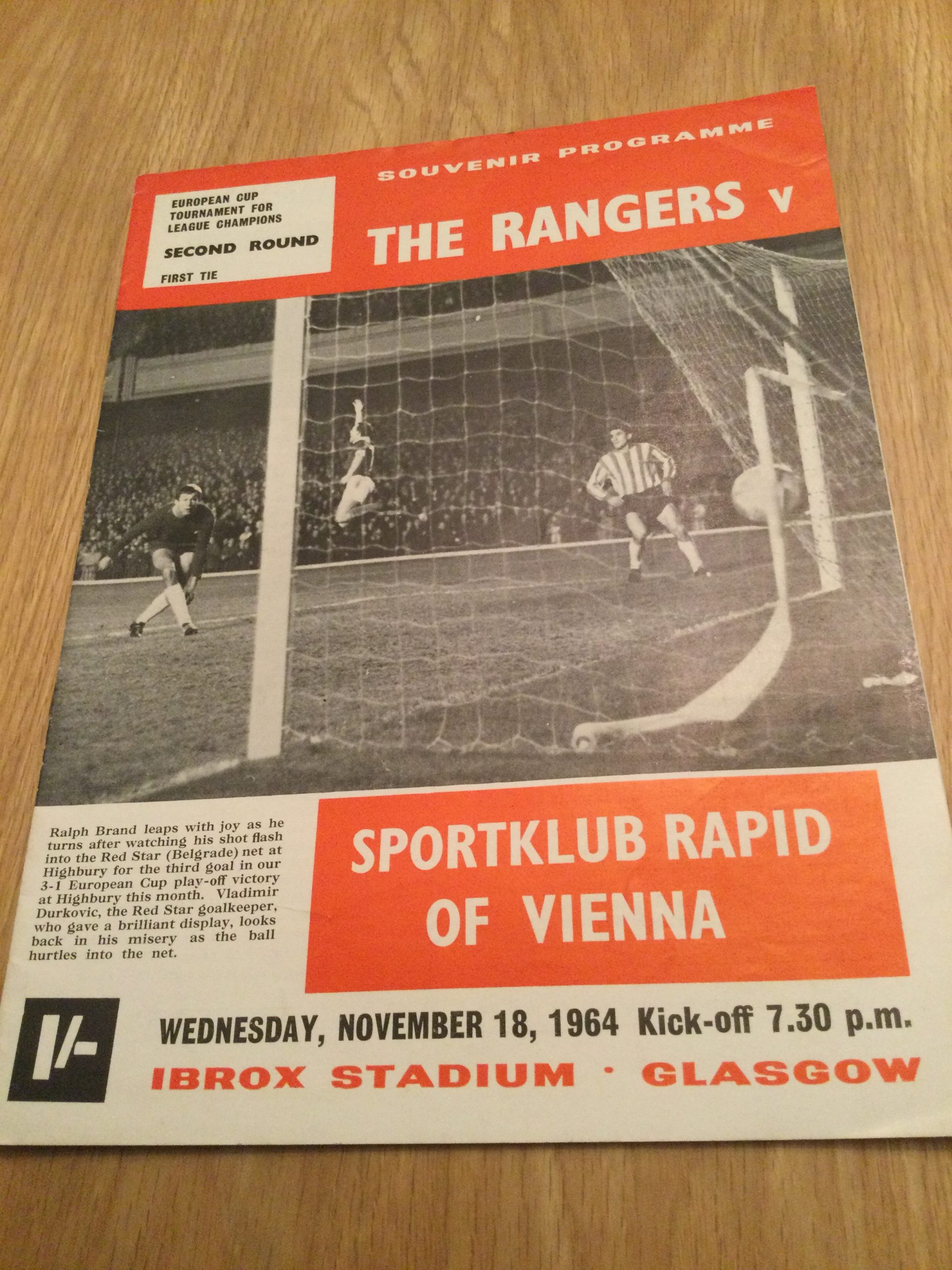 Rangers v Sportklub Rapid of Vienna European Cup Matchday Programme 1964