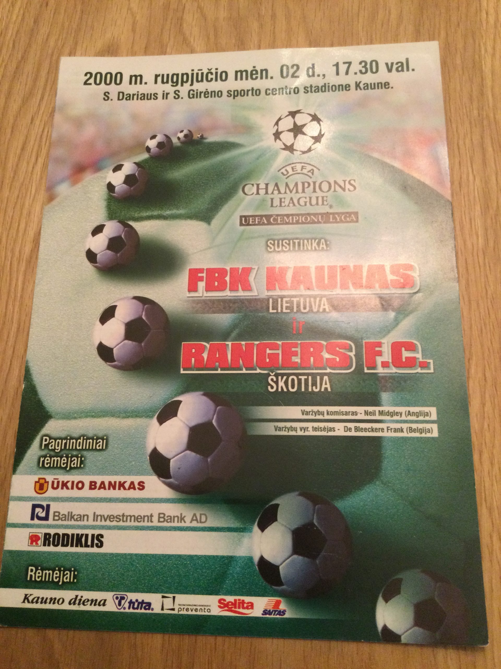 FBK Kaunas v Rangers Champions League Matchday Programme 2000
