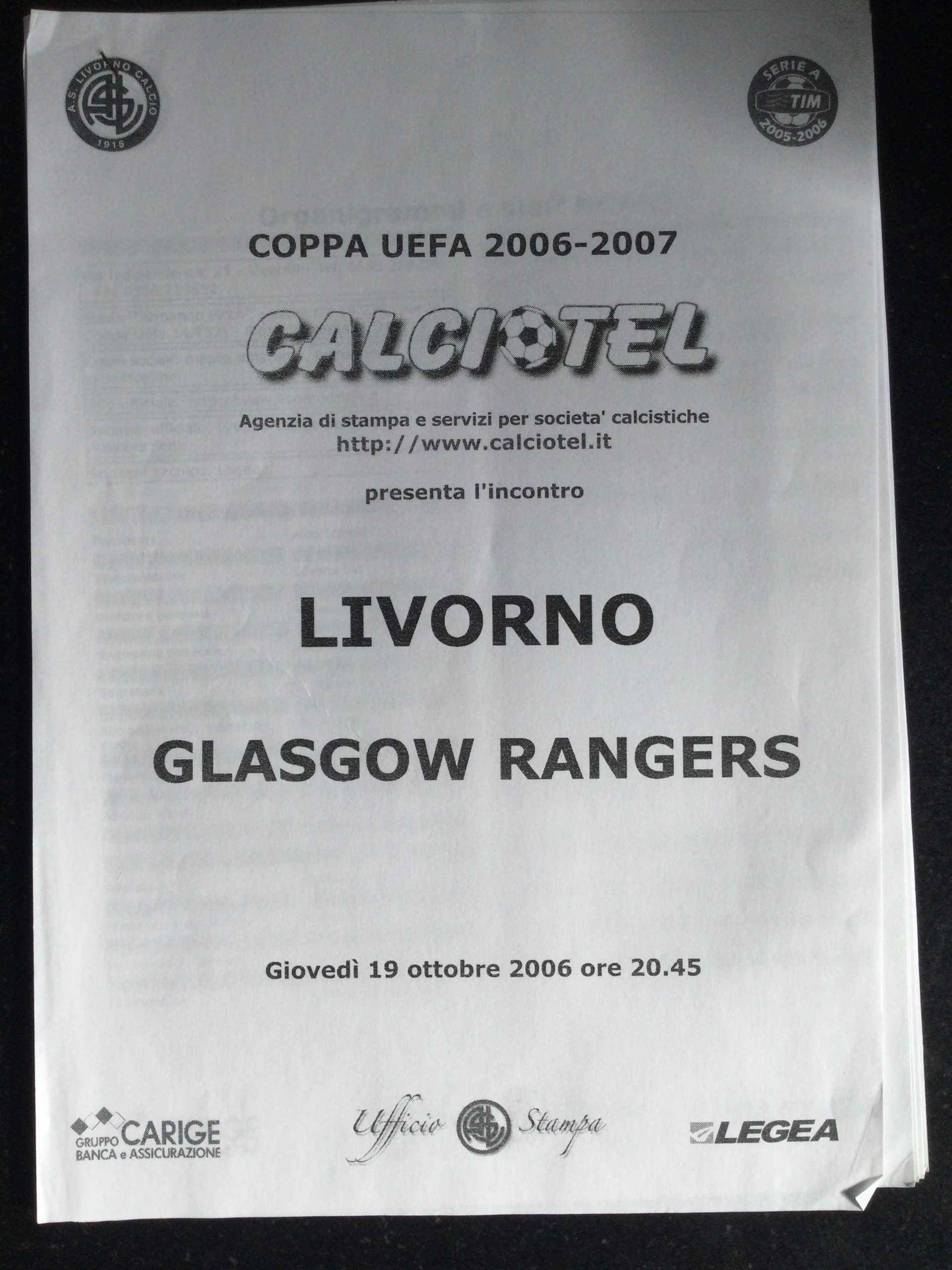 Livorno v Rangers UEFA Cup (Press Copy) Matchday Programme 2006
