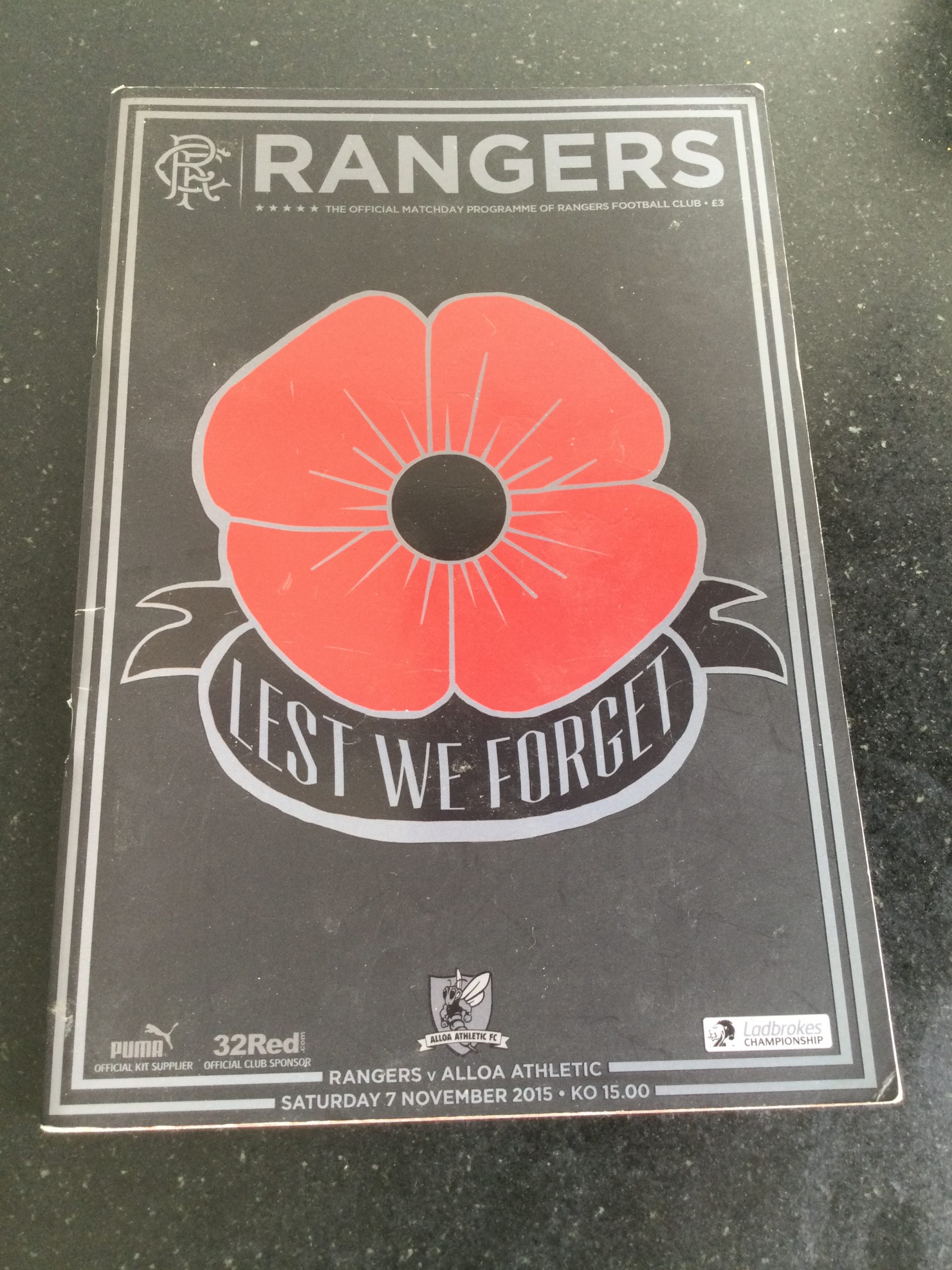 Rangers v Alloa Athletic League "Lest We Forget" Matchday Programme 2015