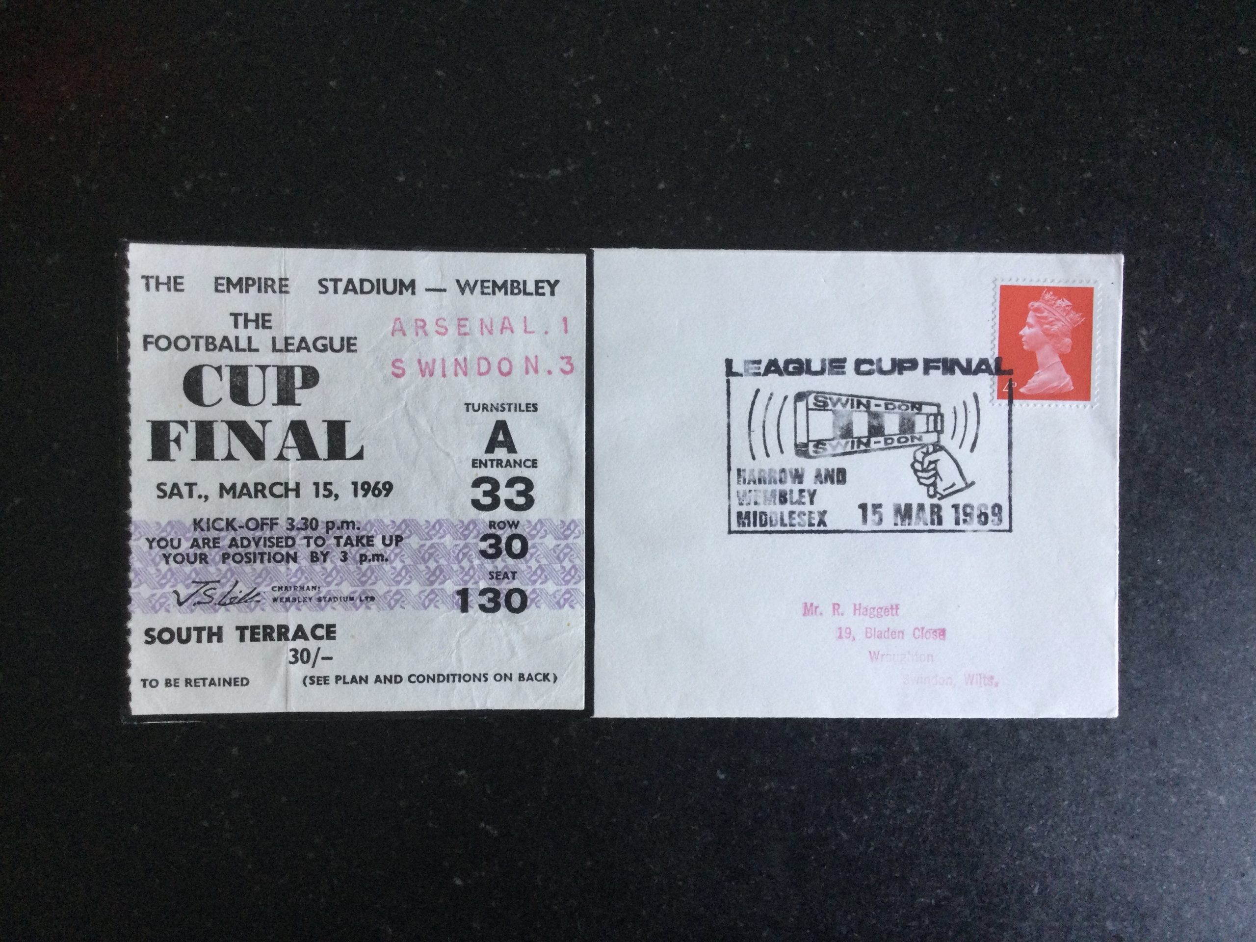 Arsenal v Swindon League Cup Final Commemorative Cover 1969