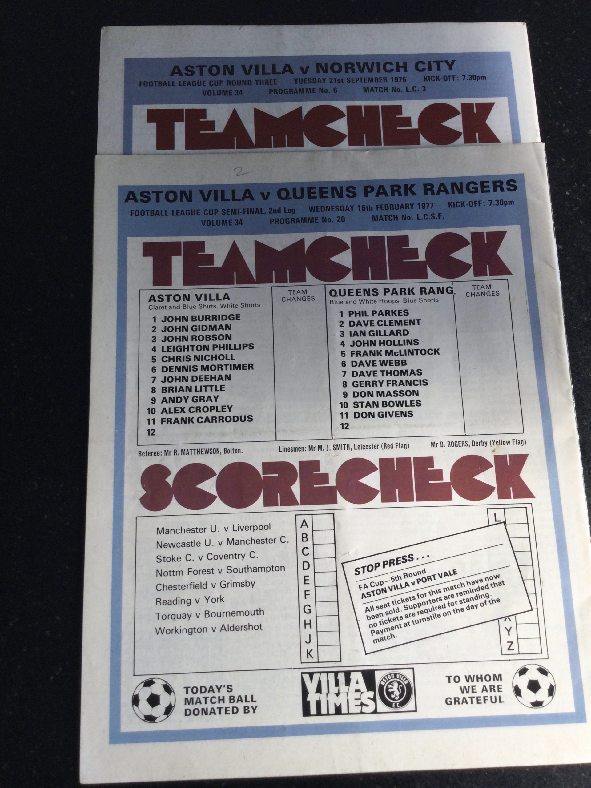Aston Villa v Norwich City, Q.P.R. League Cup Matchday Programmes 1976/77 - Image 2