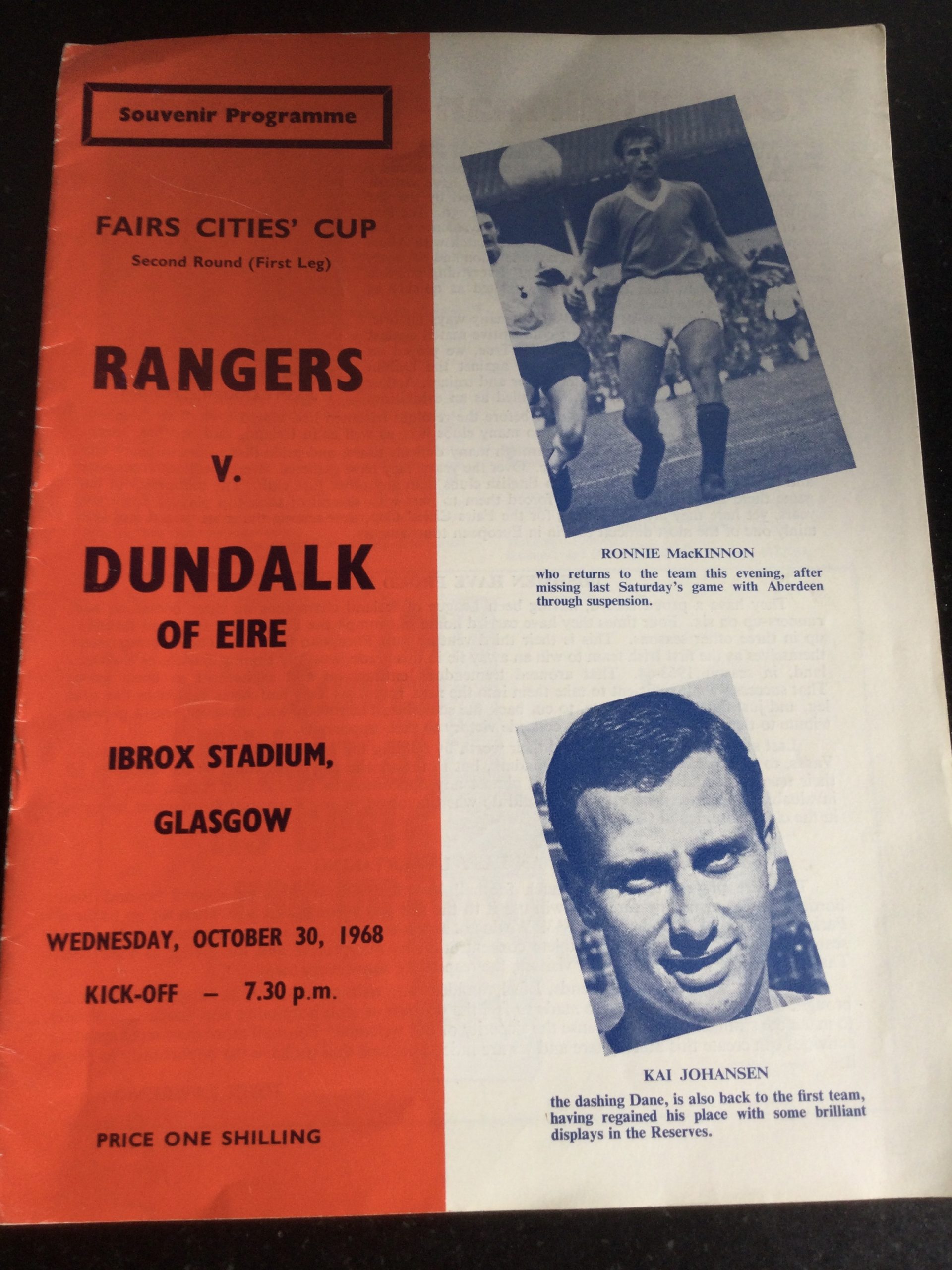 Rangers v Dundalk Fairs Cup Matchday Programme 1968