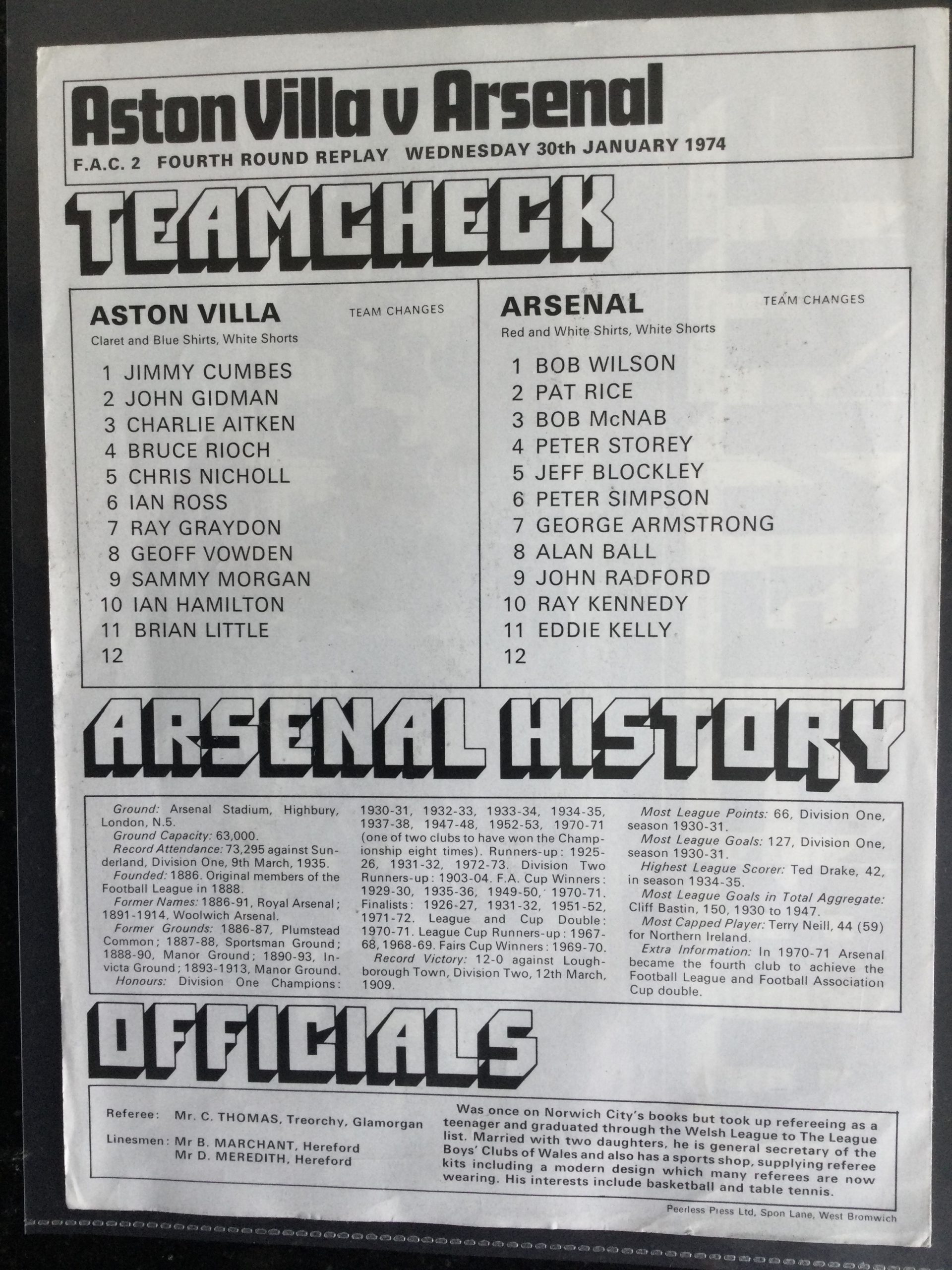 Aston Villa v Arsenal F.A. Cup Replay Matchday Programme 1974 - Image 2