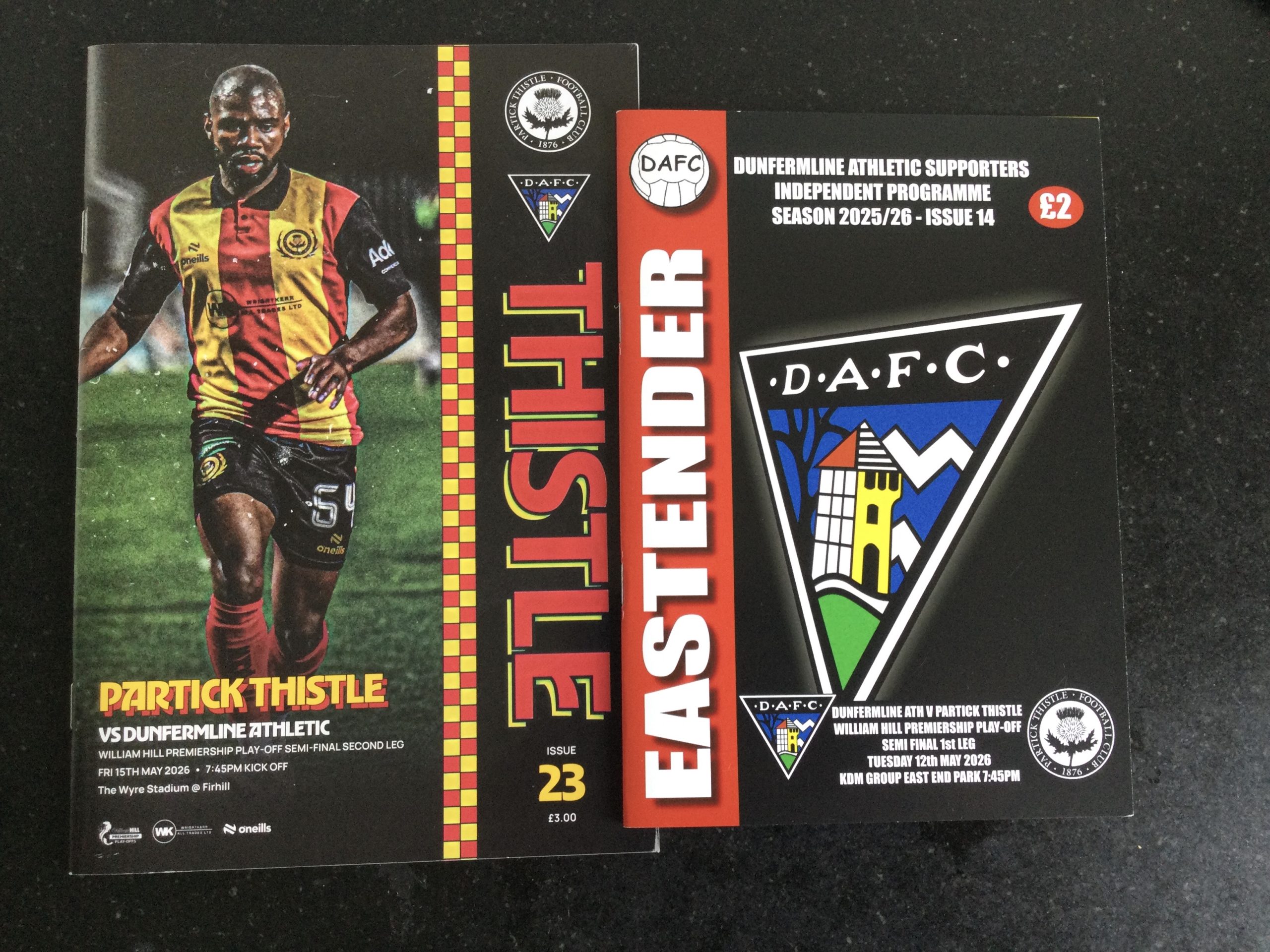 Dunfermline Athletic v Partick Thistle Premiership Play Off Semi Final 1st & 2nd Leg Matchday Programmes 2026